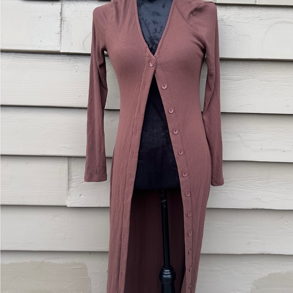 SHEIN Long Button-Front Ribbed Cardigan in Mauve
